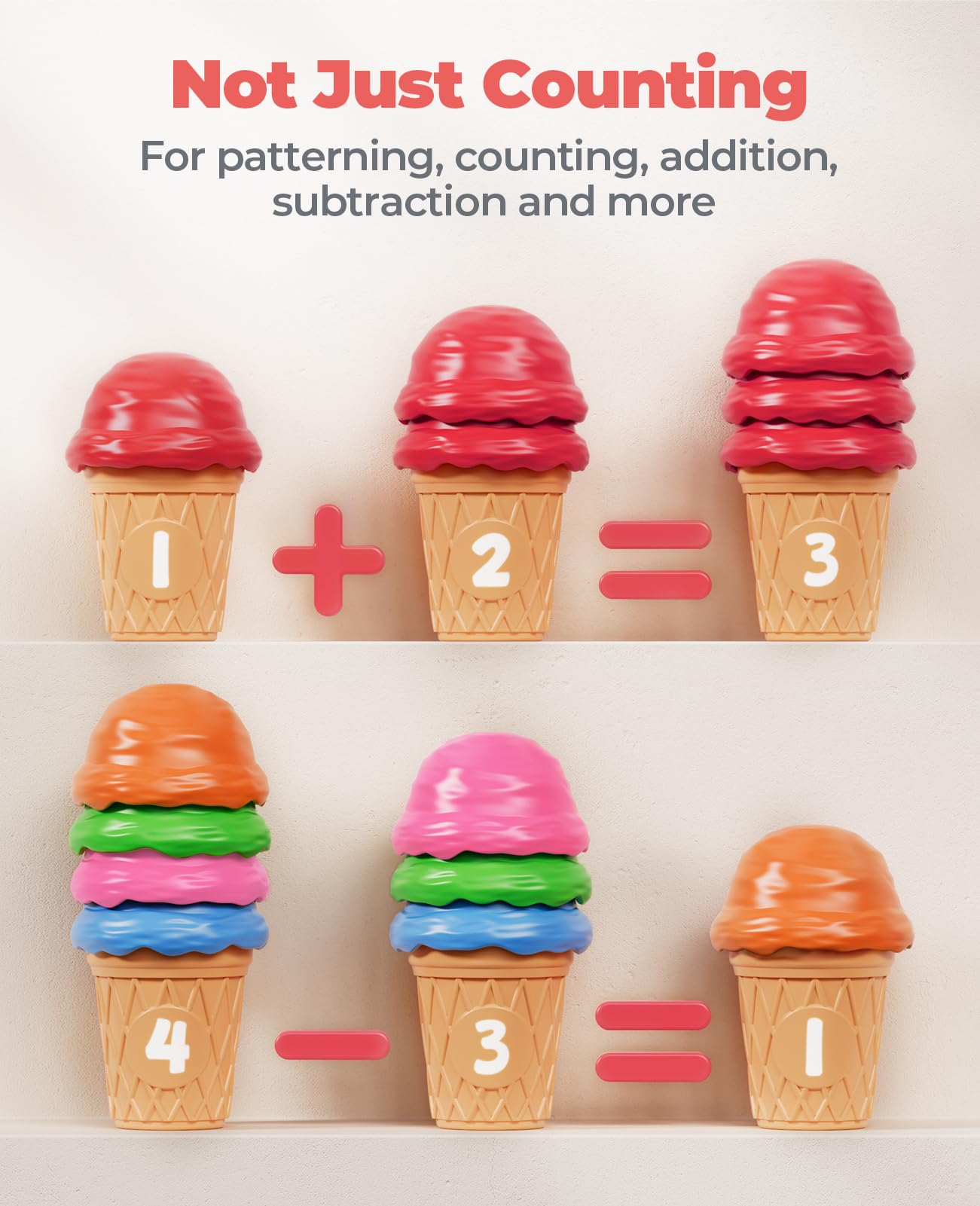 Ice cream scoops and cones numbered 1-10 for early math play