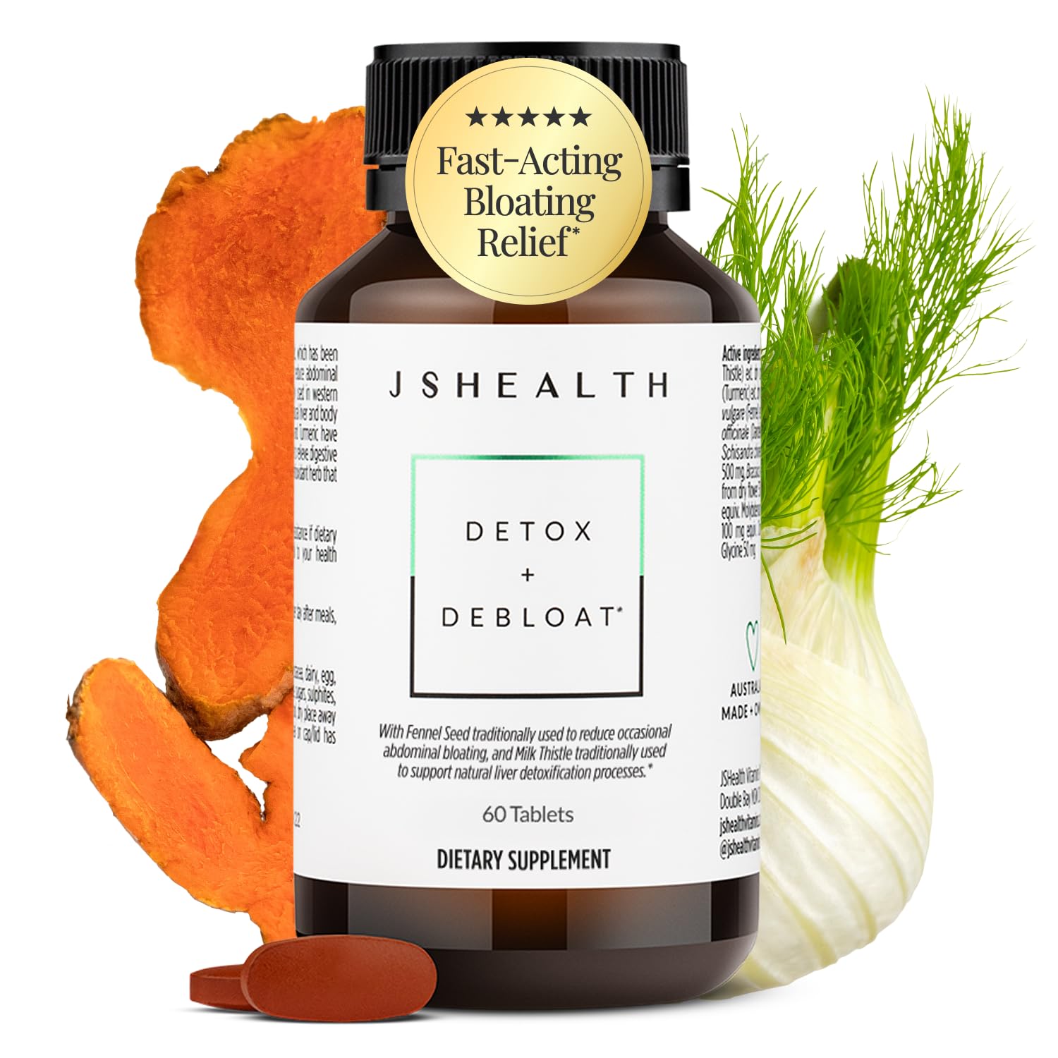 JSHealth Detox + Debloat bottle and packaging 60 tablets