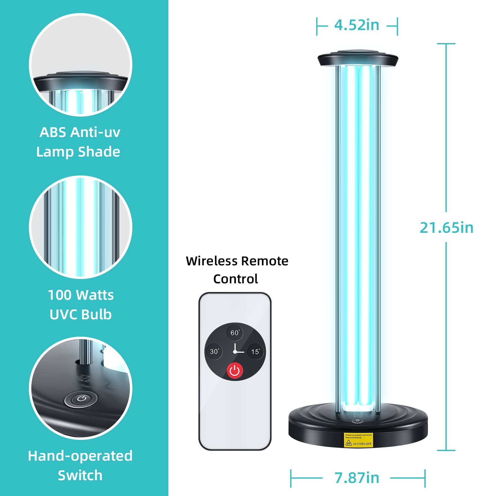 JTAPURE 100W UVC lamp close up showing efficiency claim