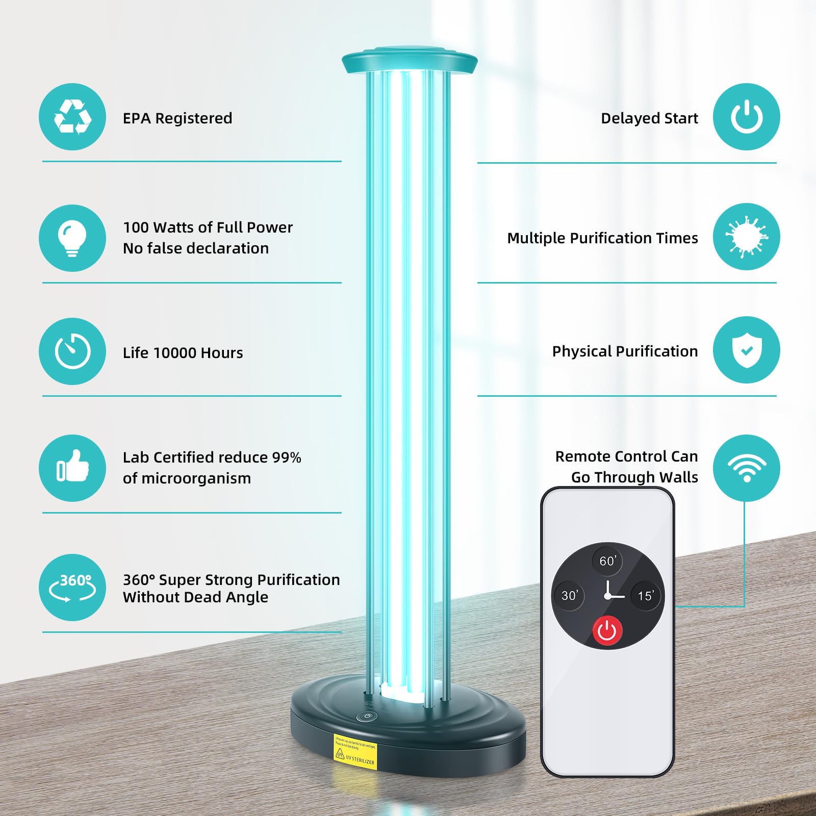 Ozone-free JTAPURE UV light viewed from angle with remote