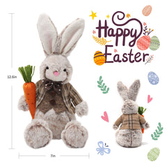 Mrs. bunny wearing a dress holding two pink flowers