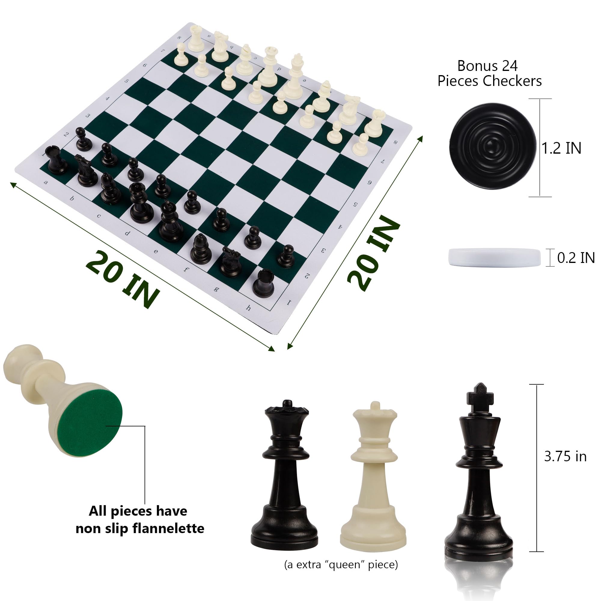 32 chess pieces and 24 checkers included with Juegoal set