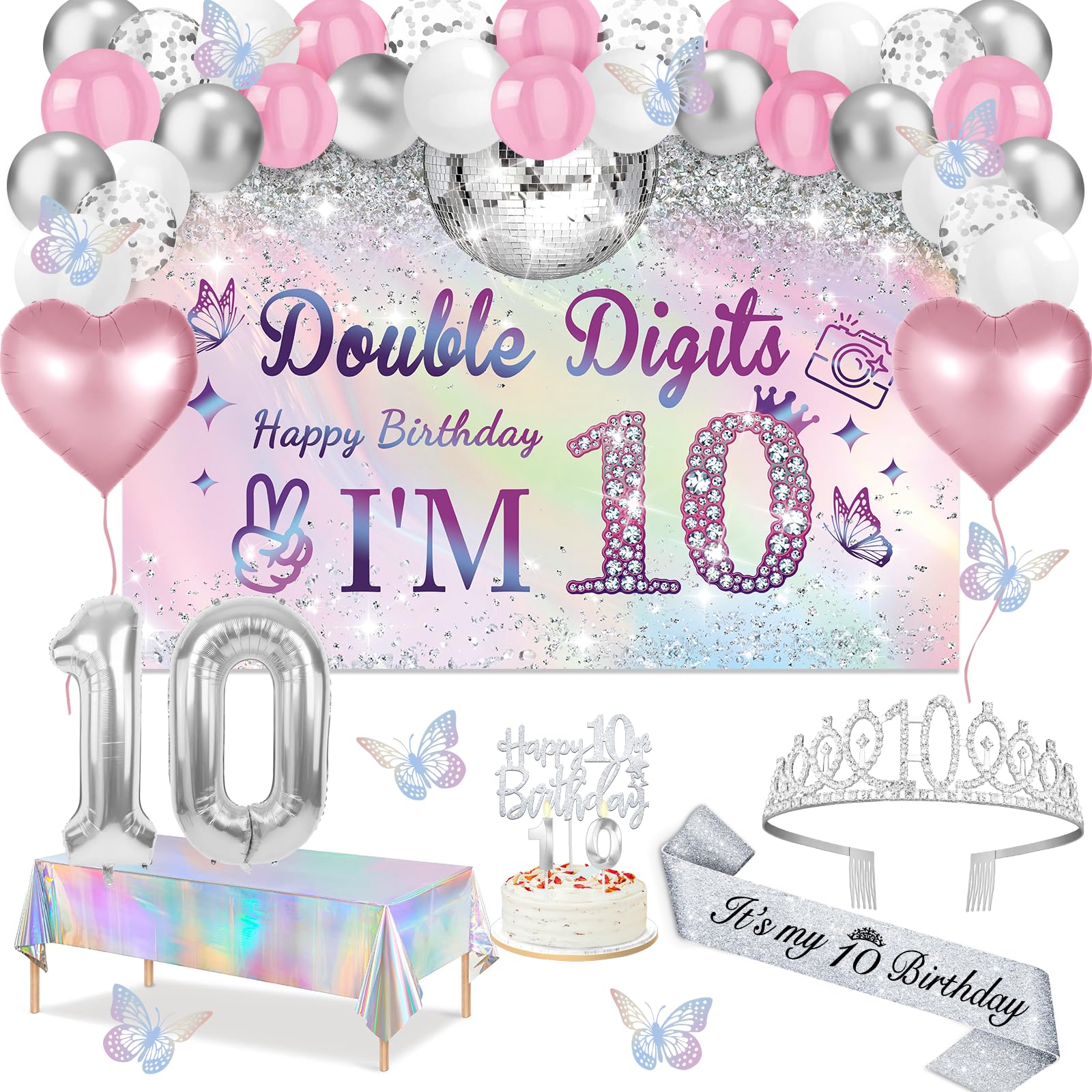 Juesly 10th Birthday banner iridescent girls kit