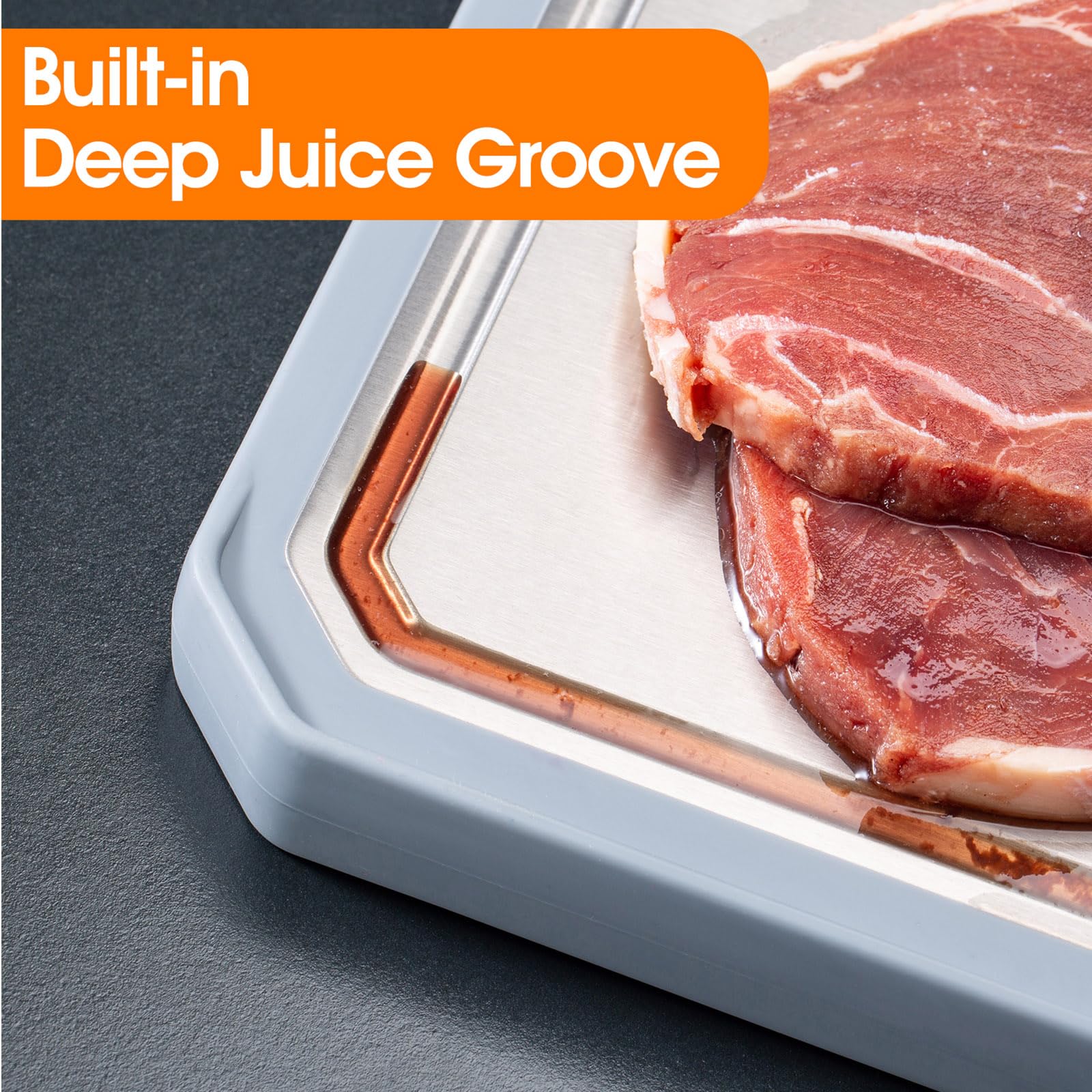 Dual-sided board features built-in juice groove
