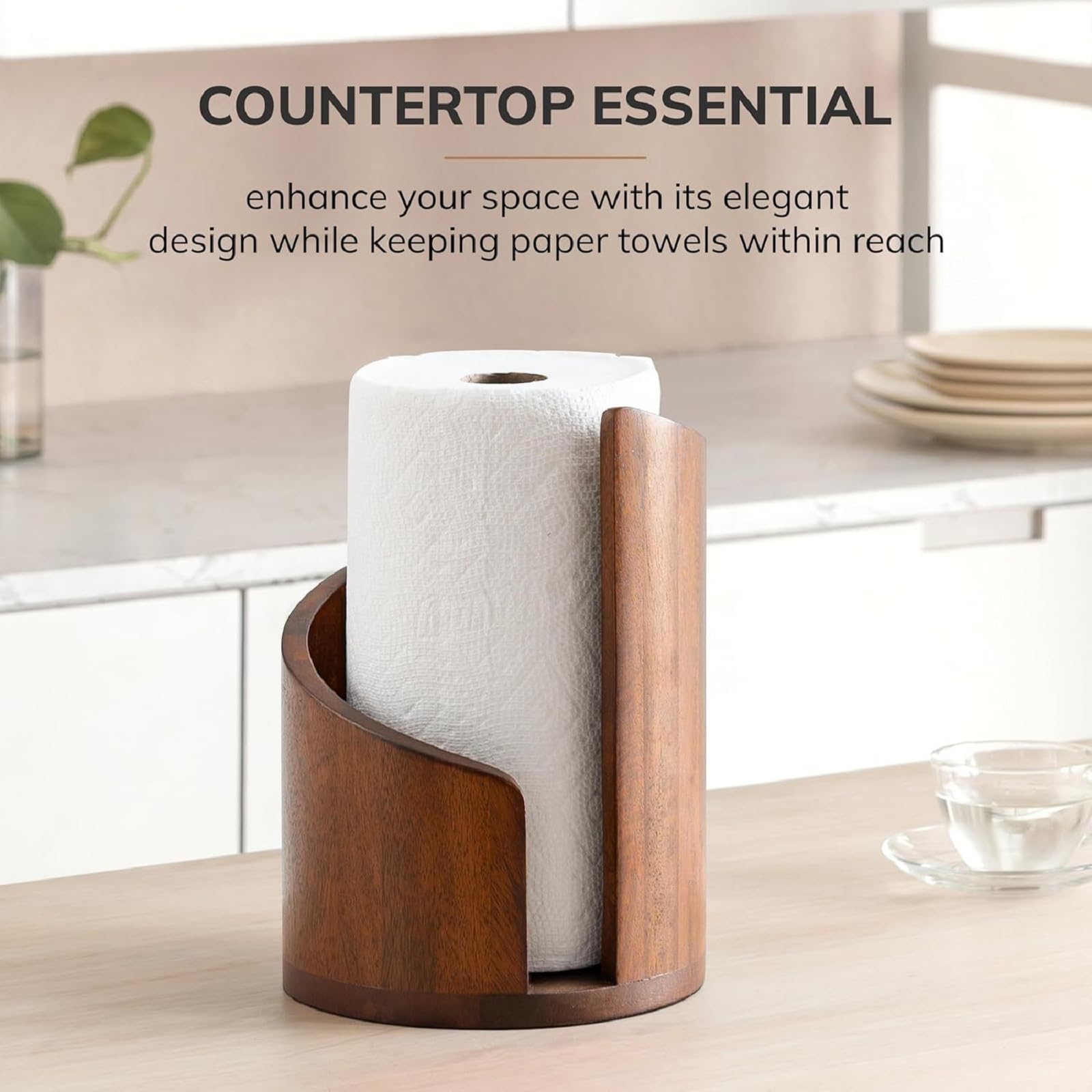 Jumbo and mega roll compatible paper towel holder on brown wood