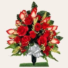 Jumbo silk red rose and calla lily cemetery cone