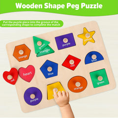 Wooden shape peg puzzle for toddlers with large grip handle