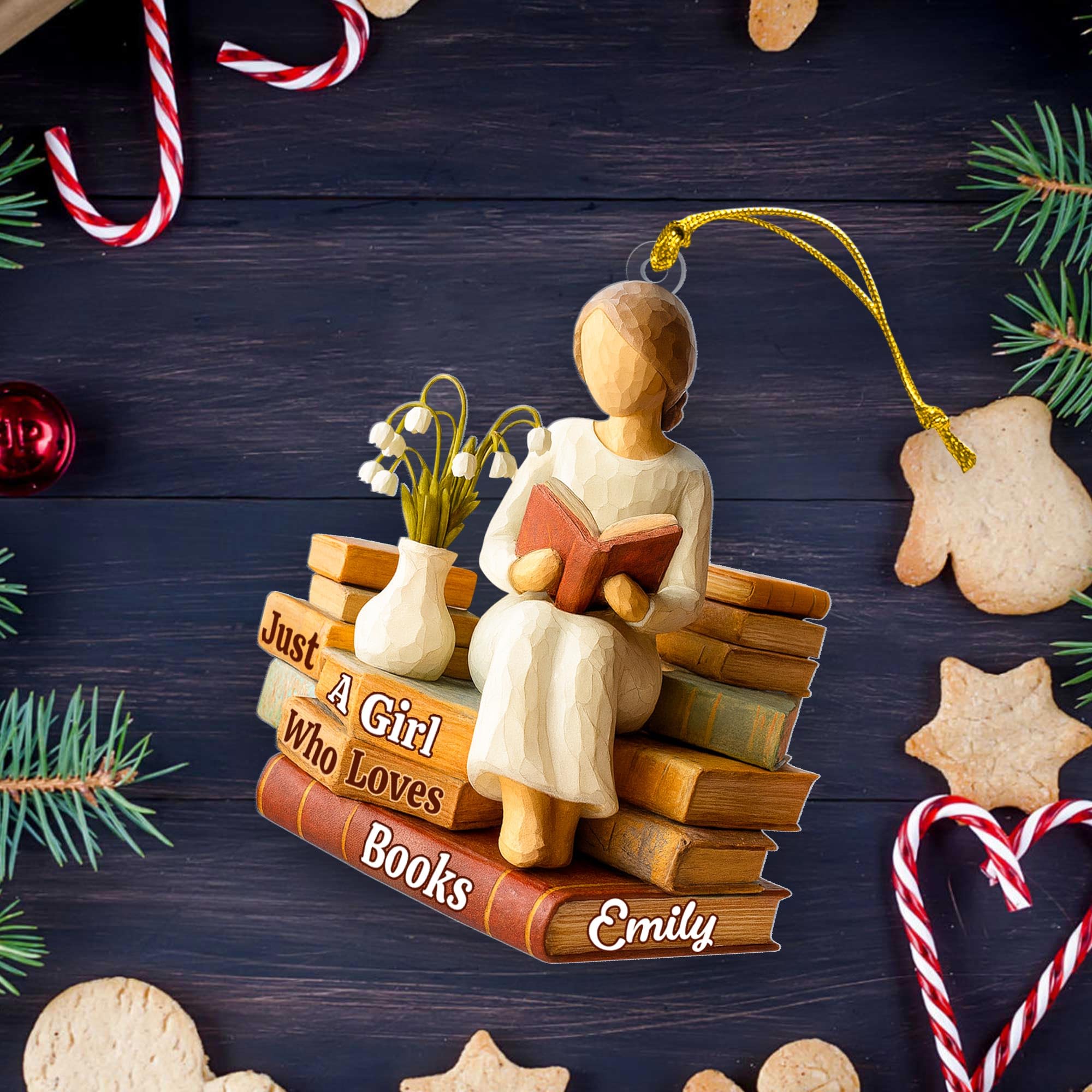 Gift idea ornament for readers featuring a girl and flowers