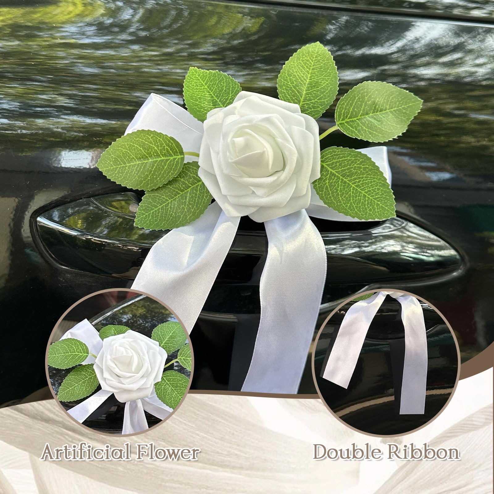 Just married car decor with satin bows and suction cups
