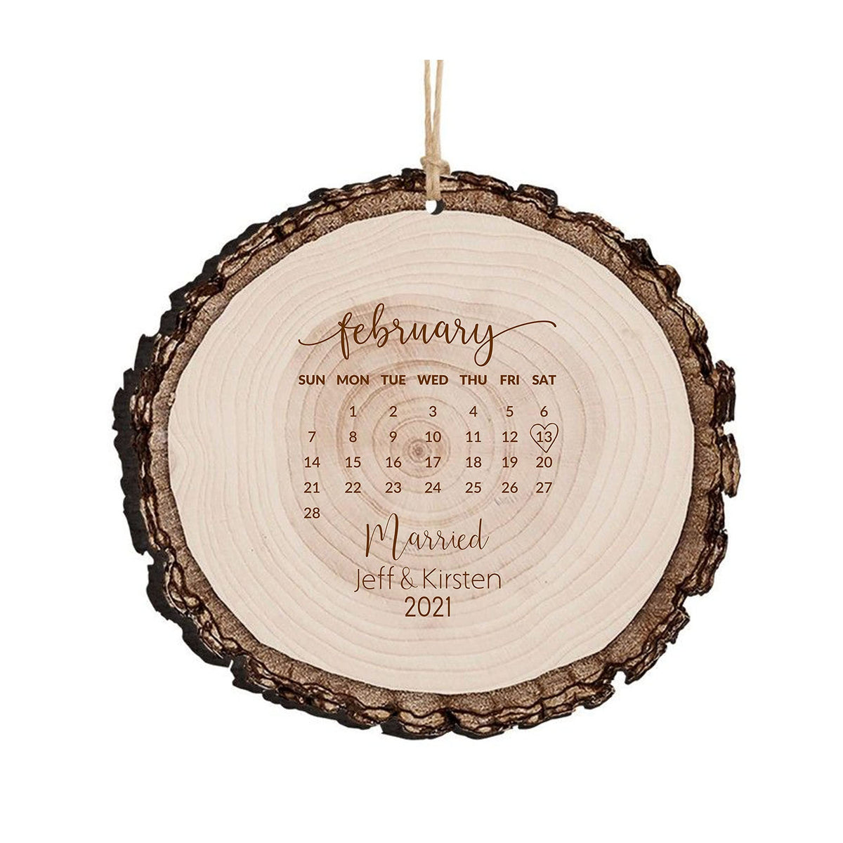 Just Married Ornament with rustic white-washed wood log design