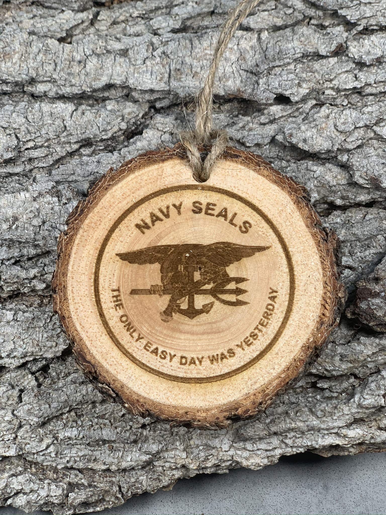 Handmade Colorado ornament with Navy Seal Logo and jute hanger