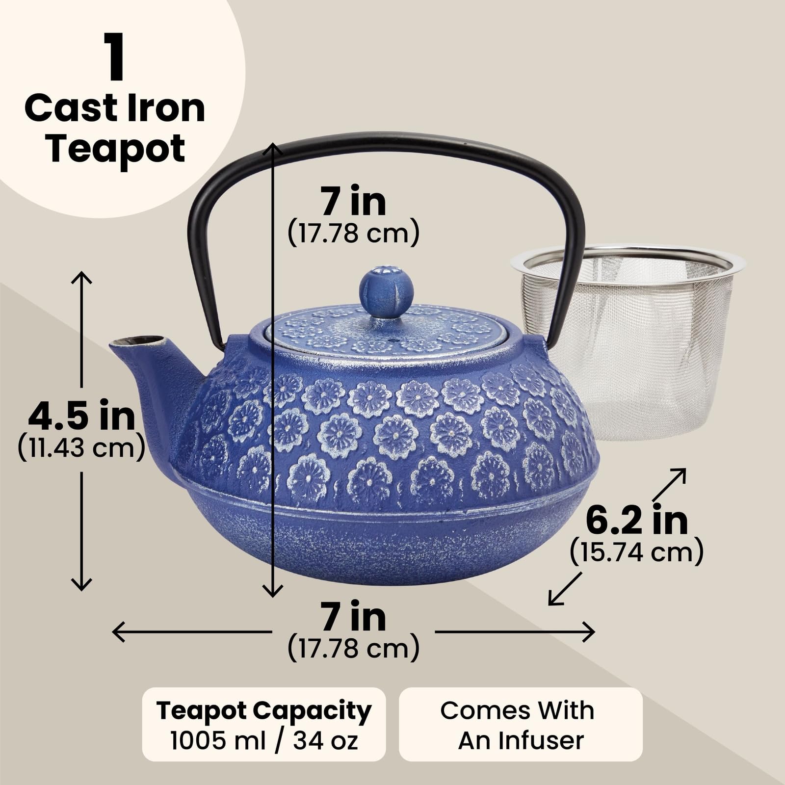 Blue cast iron teapot with removable lid