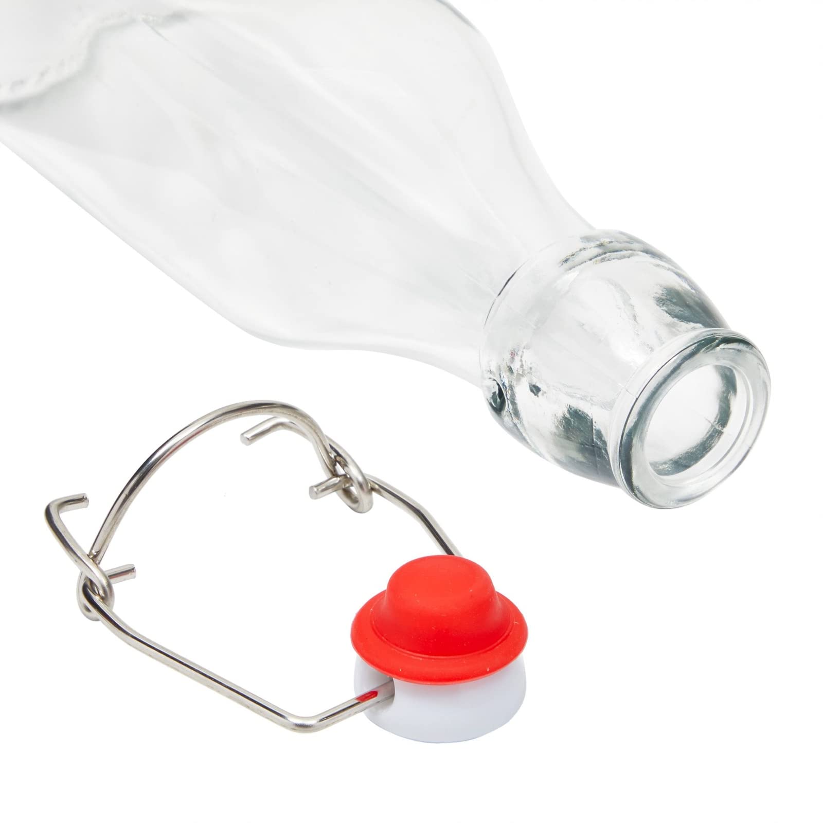 Kitchen display of Juvale 8 oz swing top glass bottles with stoppers