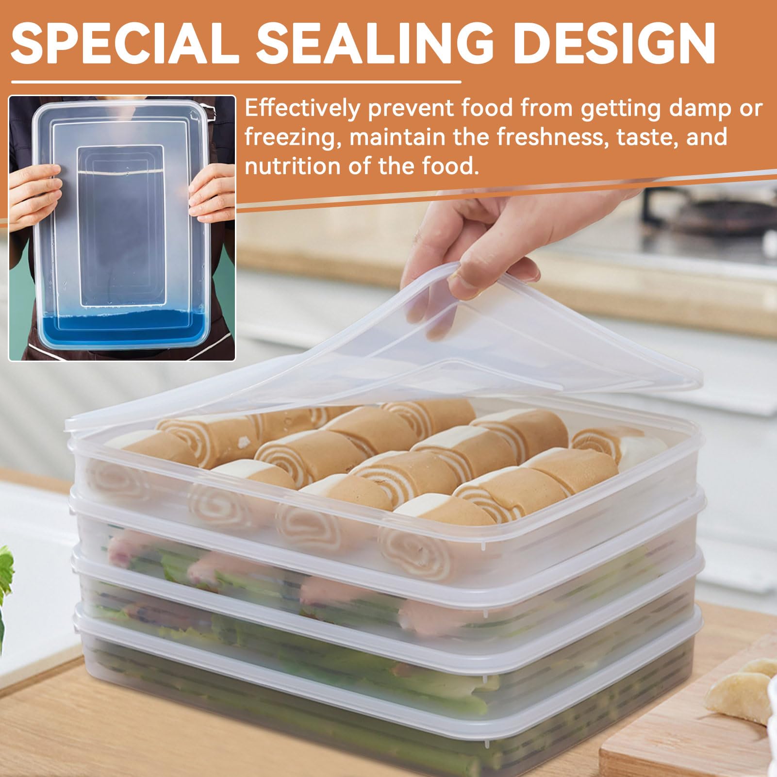 Transparent plastic food storage container for kitchen and fridge
