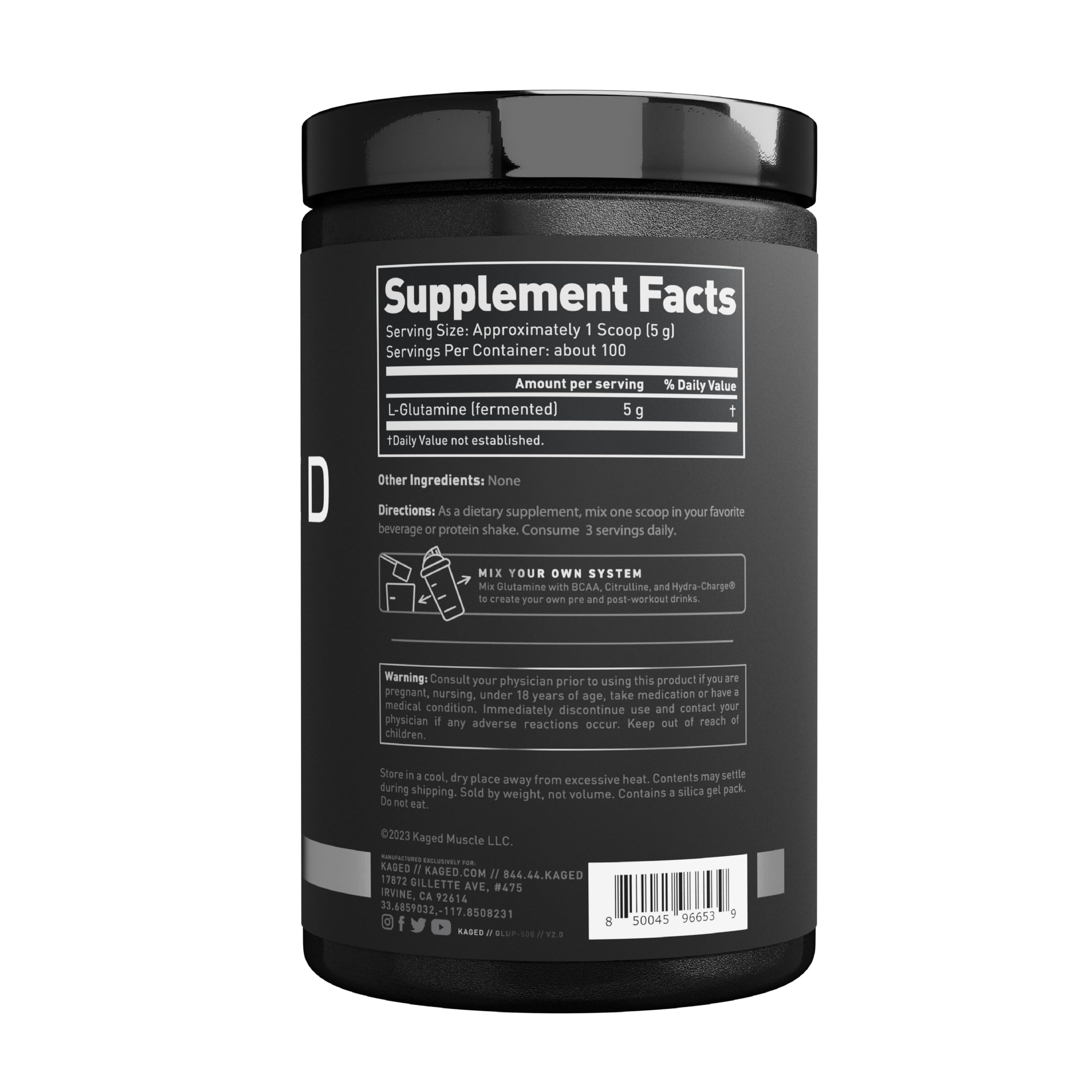 Kaged Muscle L-Glutamine Powder 500 Gram container with label