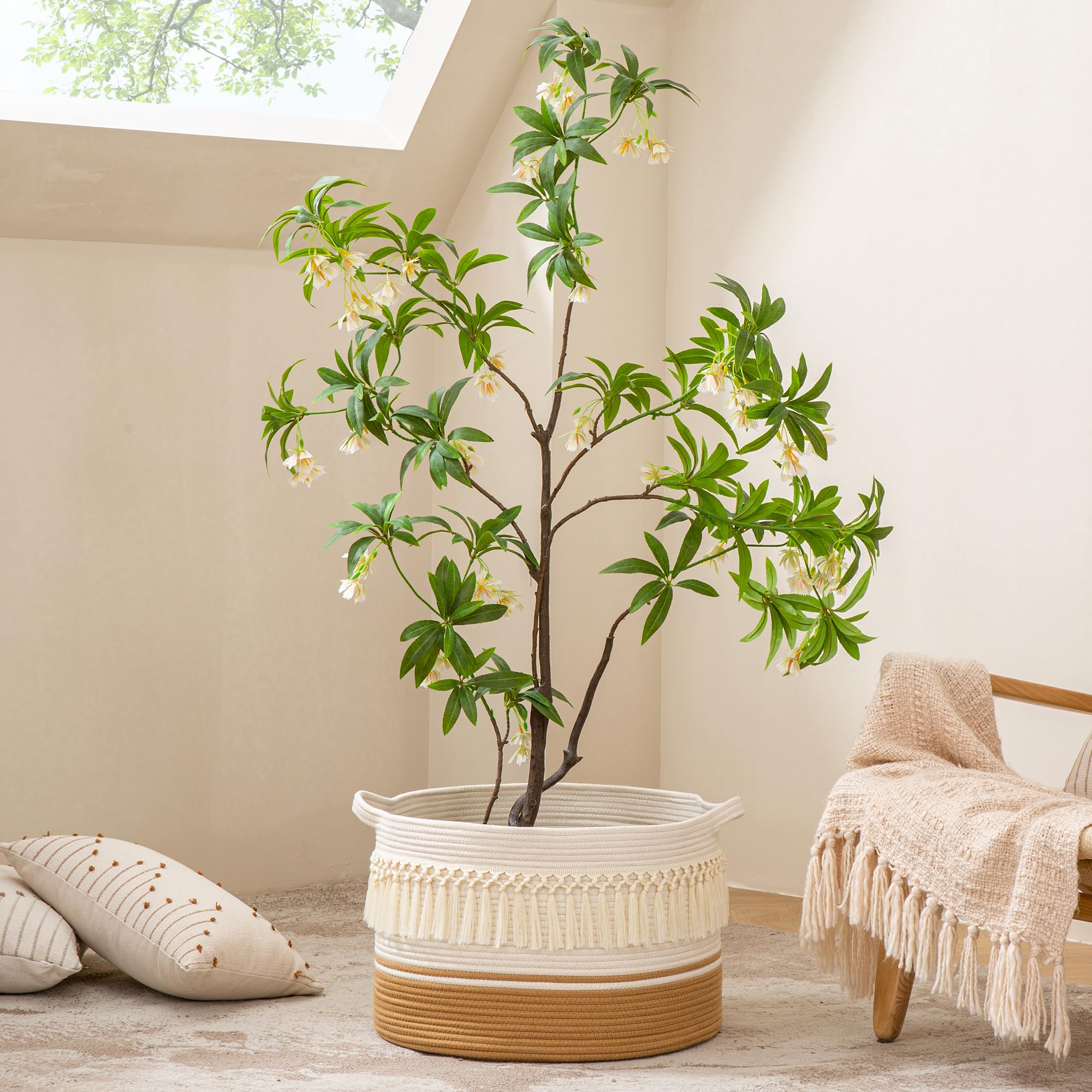 KAKAMAY white fringe blanket basket in home decor