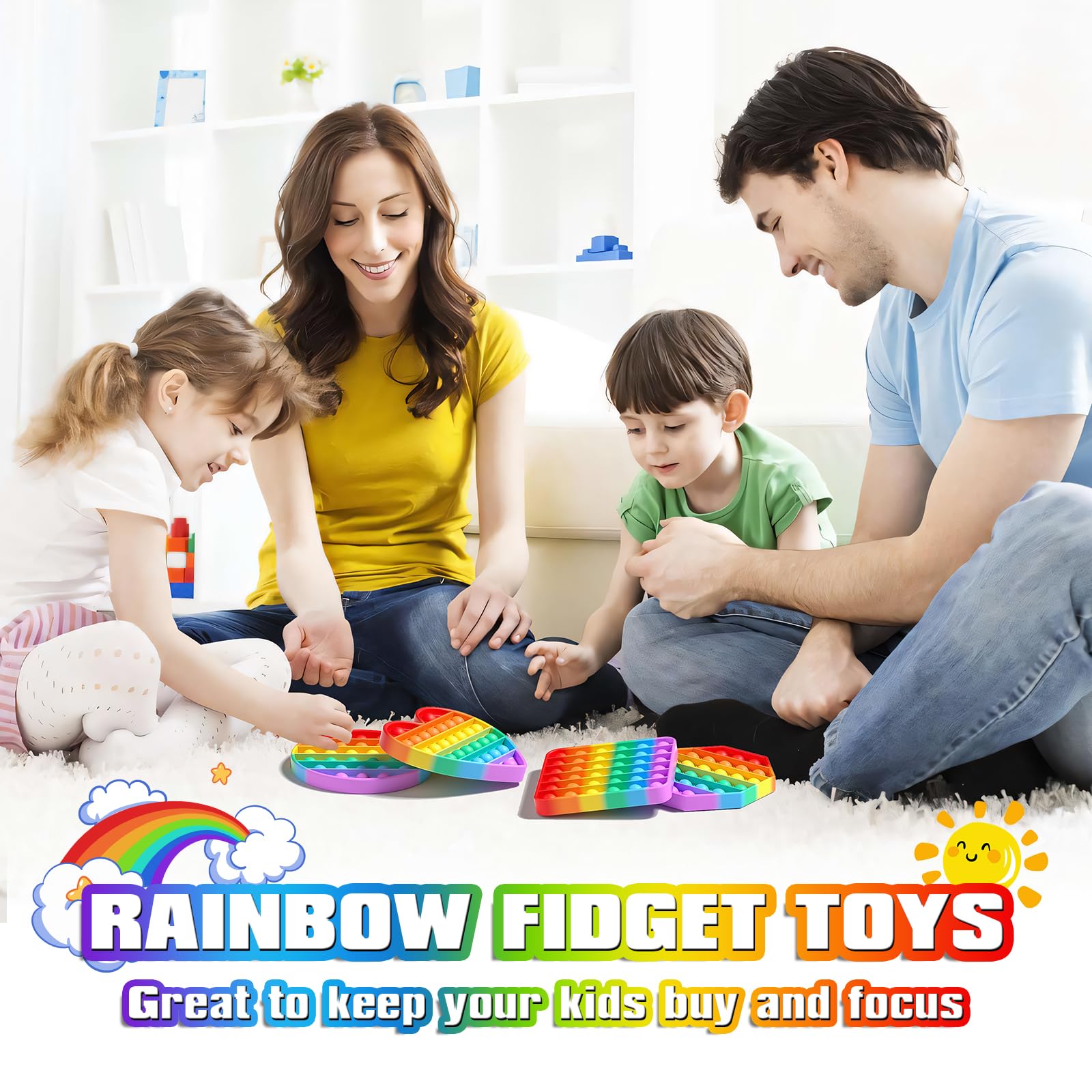 Heart shaped circular square and octagonal Kakukokas fidget toy rainbow colors
