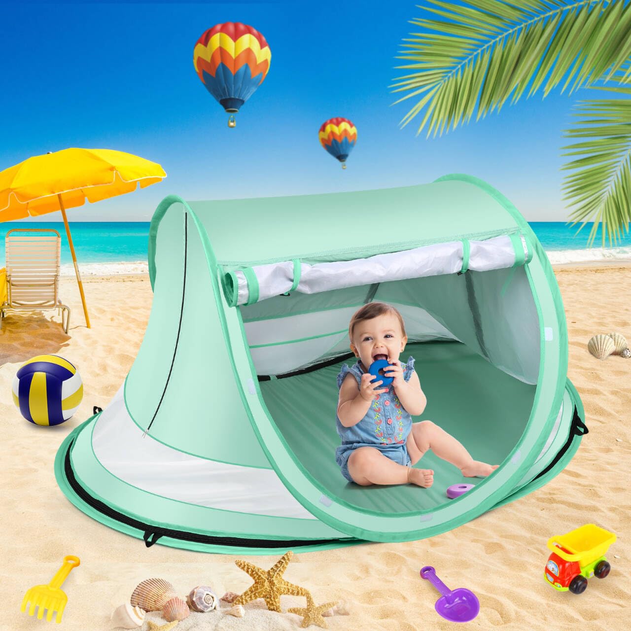 Green Kapeazo baby tent compact folded for storage