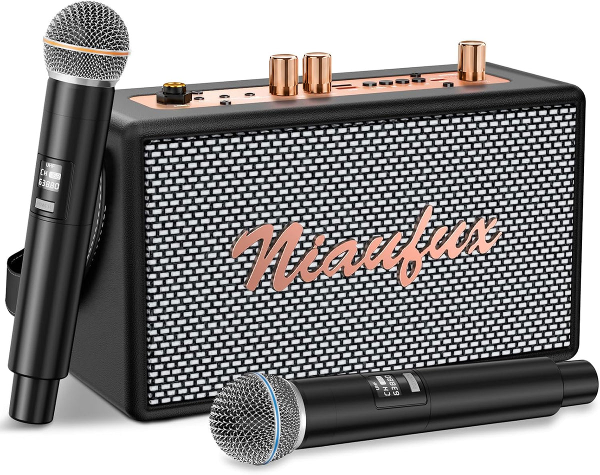 Karaoke Machine retro-design speaker front view showing wooden frame and woven panel
