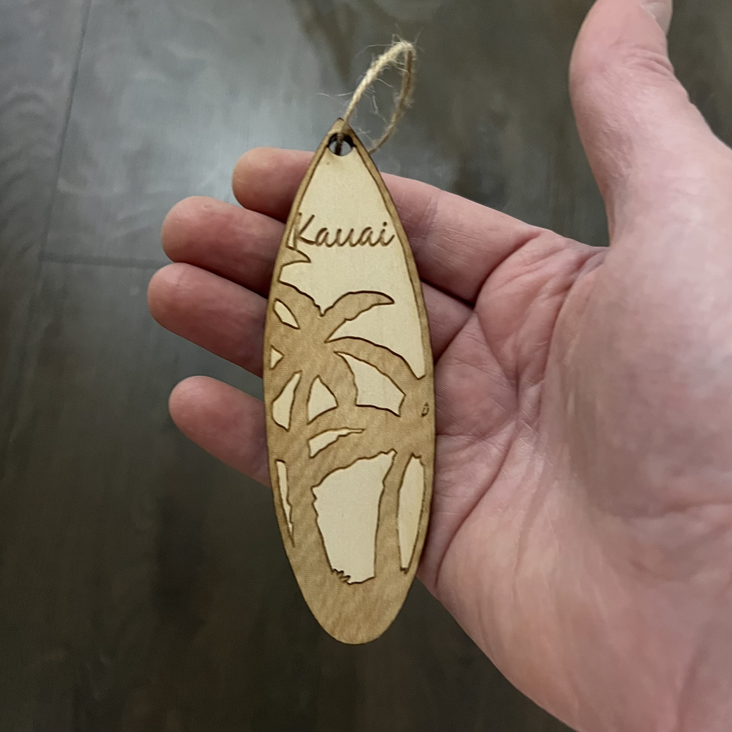 Kauai Palm Tree Surfboard maple ornament for display