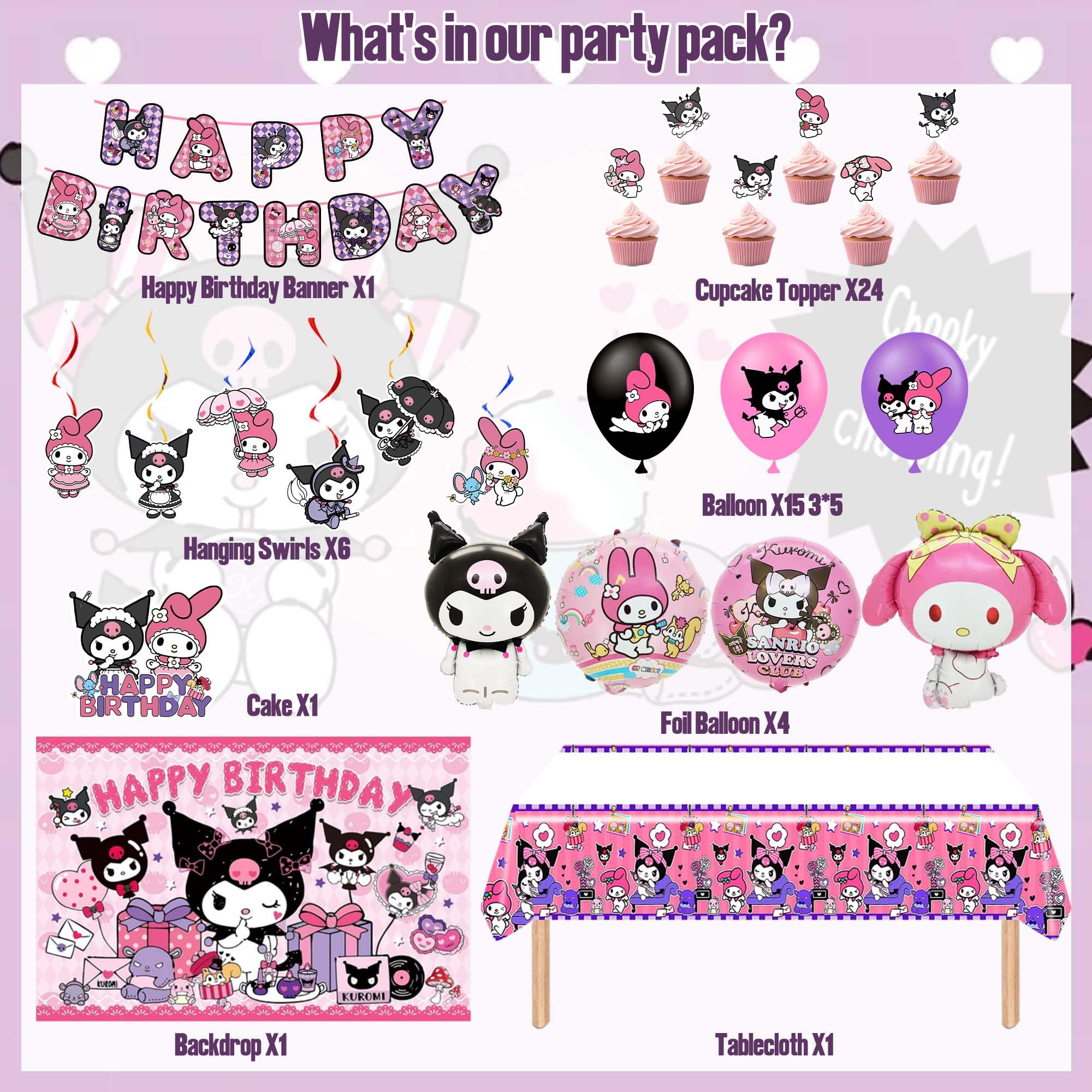 Kawaii Birthday Decorations hanging swirls and cake topper setup