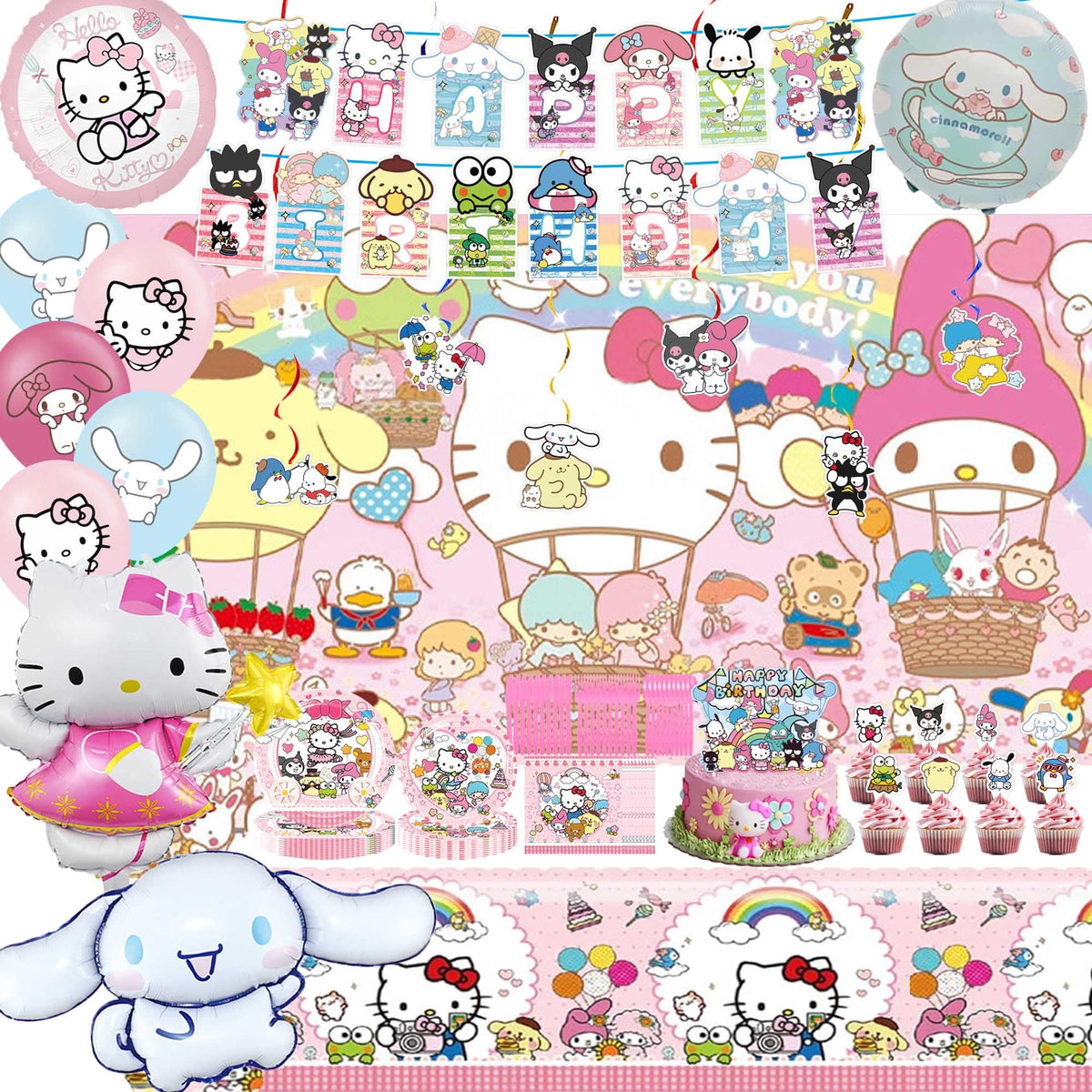 Kawaii Birthday Decorations banner with cartoon theme