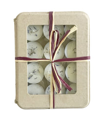 Kaya 12 Lavender Tea Lights set with lavender petals on top