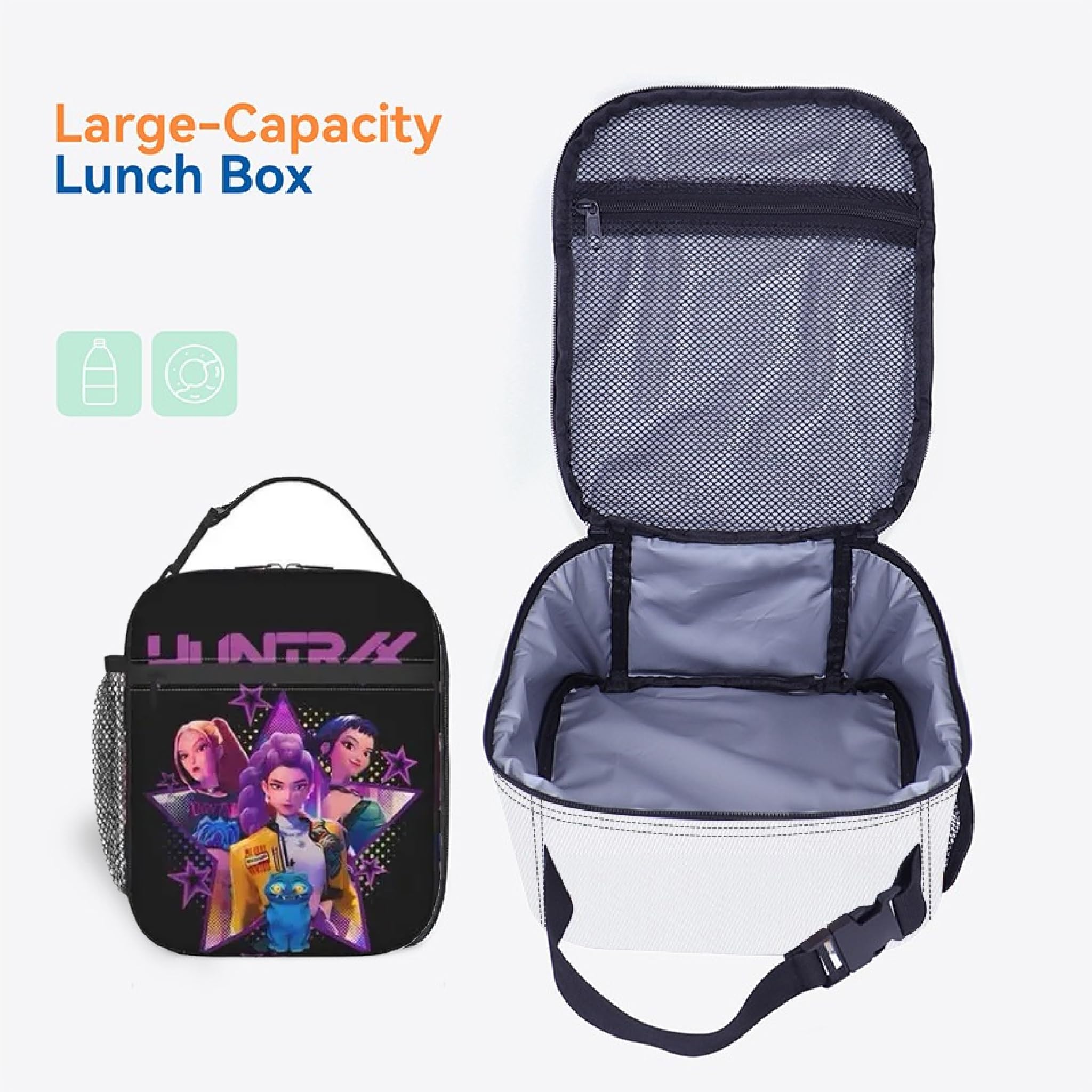 Lunch bag with side water bottle holder and mesh pocket