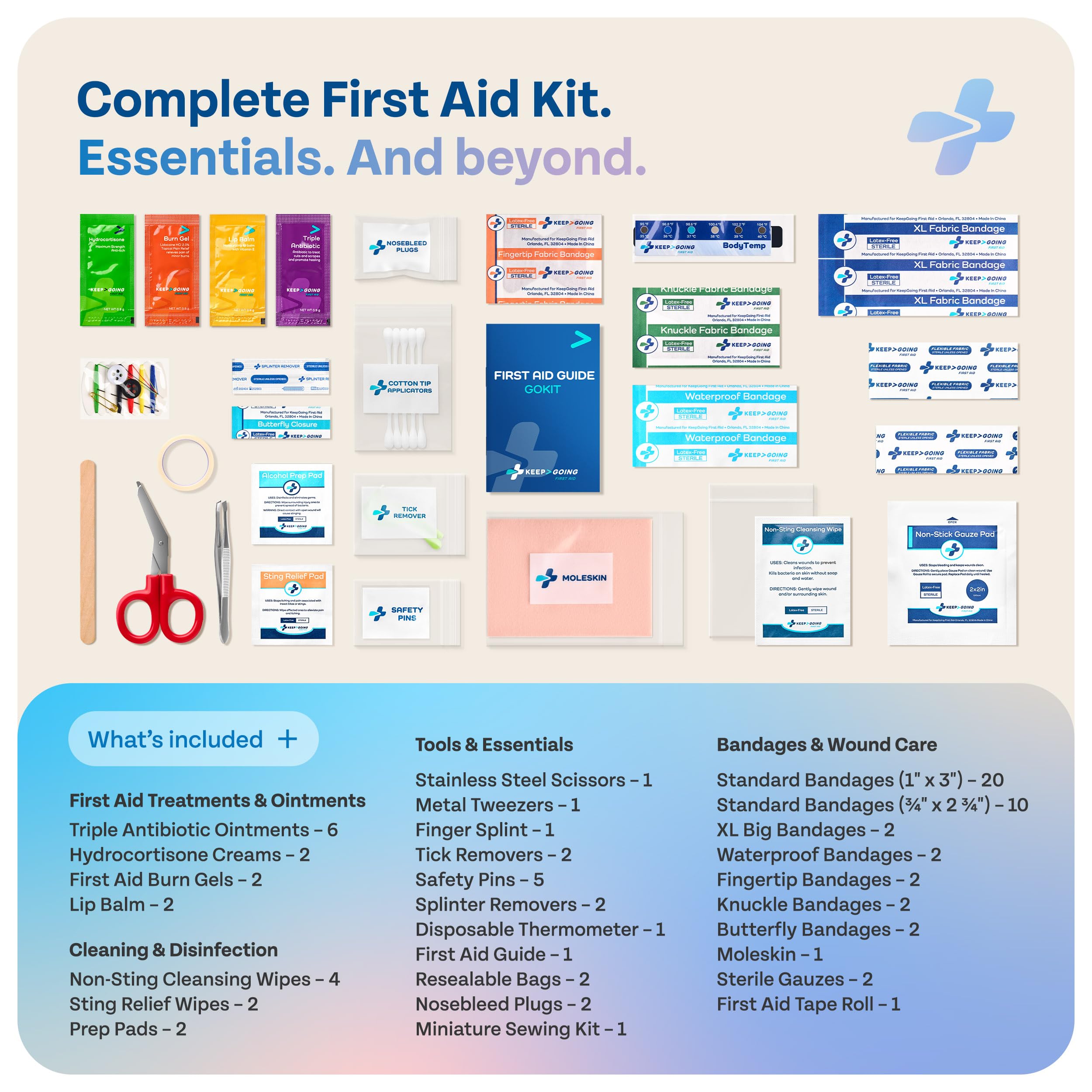 First aid supplies inside KeepGoing travel kit