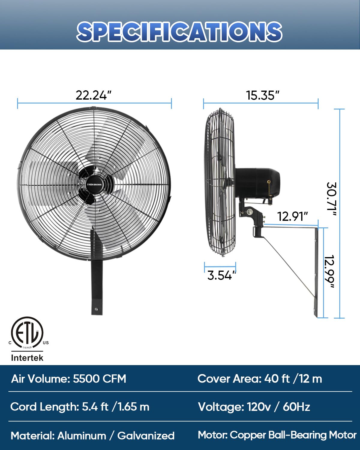 KEN BROWN 20 Inch Industrial Oscillating Wall Mount Fan side view
