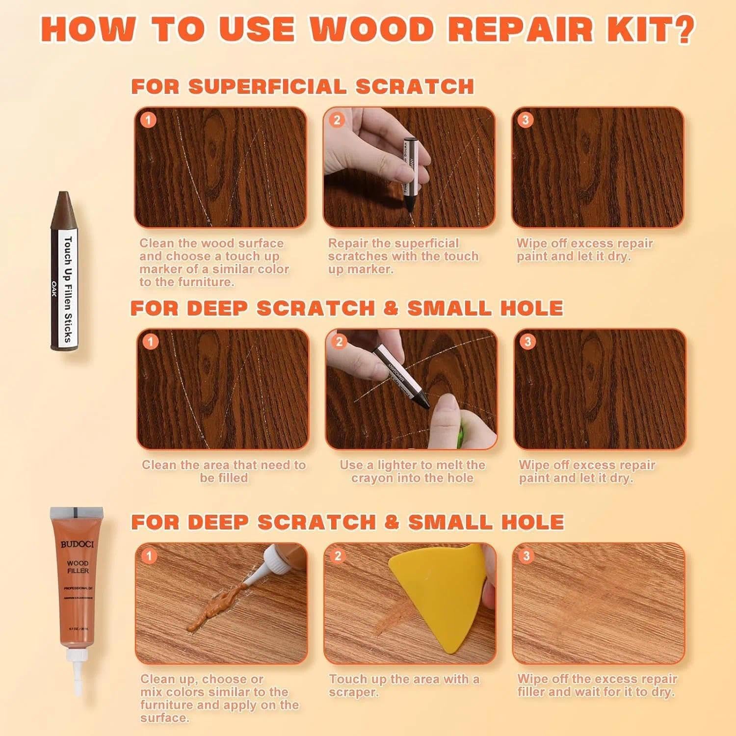 Wood repair color options White Dark Begonia Light Begonia Light Walnut Beech Red-Sandalwood