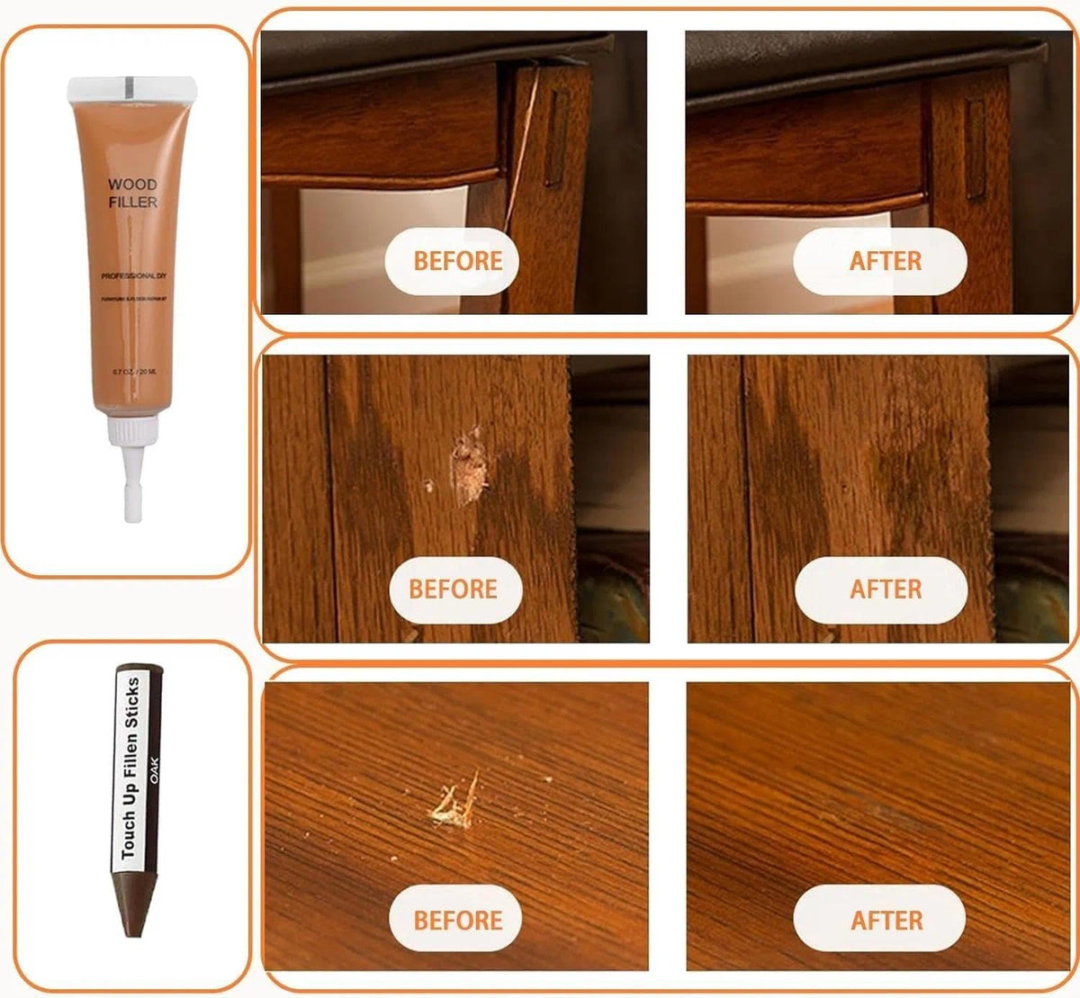Kenbry Wood Repair Kit contents showing 6 color resin fillers 6 color wax sticks and tools
