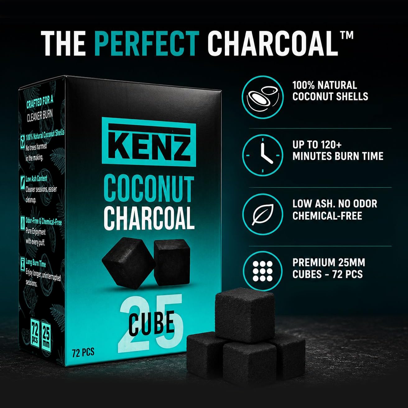 KENZ coconut charcoal cubes 25mm 72pcs product image 2