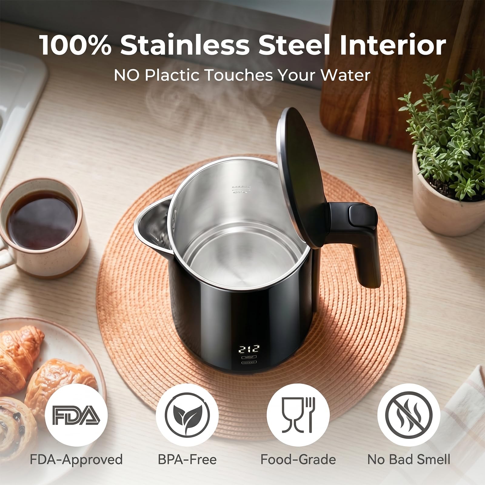 Kettle with 7 temperature settings for tea and coffee