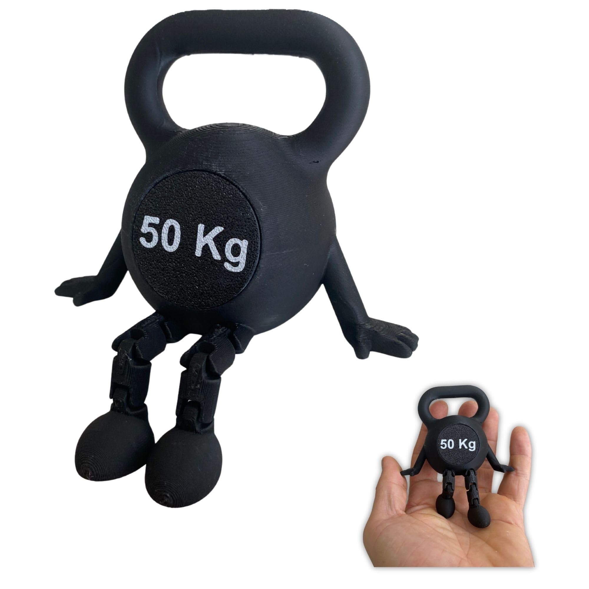 Kettlebell desk decor with articulated legs closeup showing movable legs