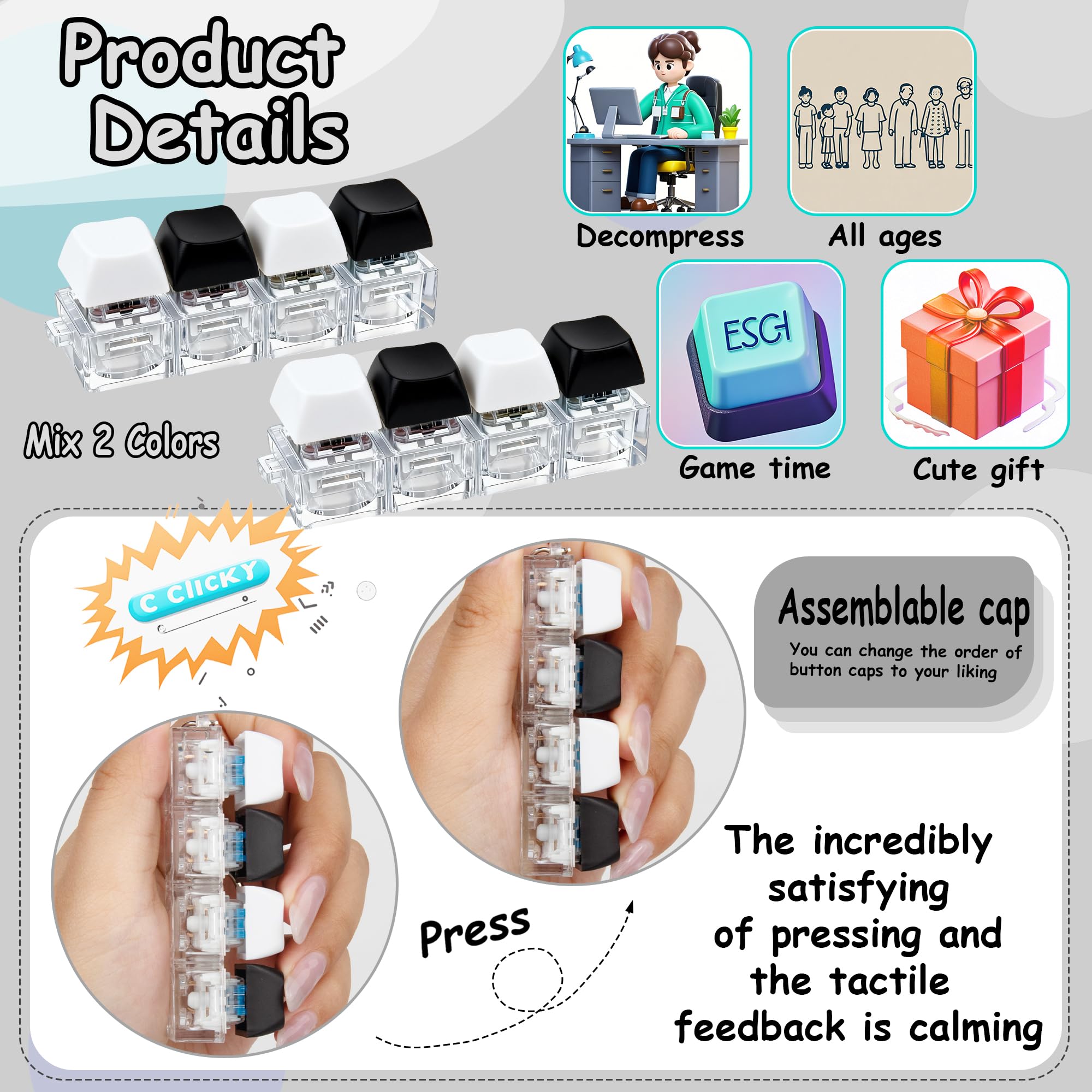 Back view of keyboard fidget keychain with removable cap