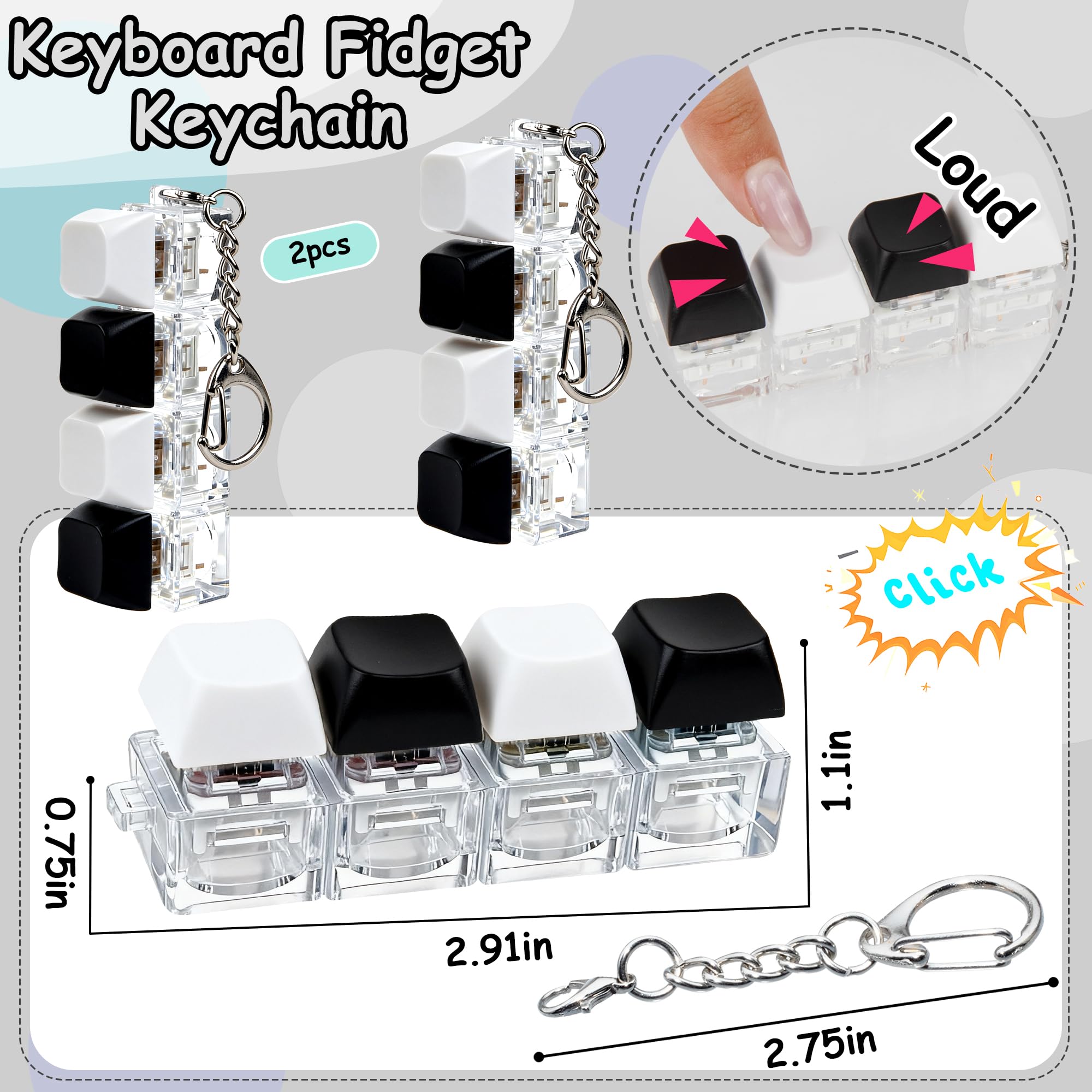 Front view of keyboard fidget keychain showing clicker button