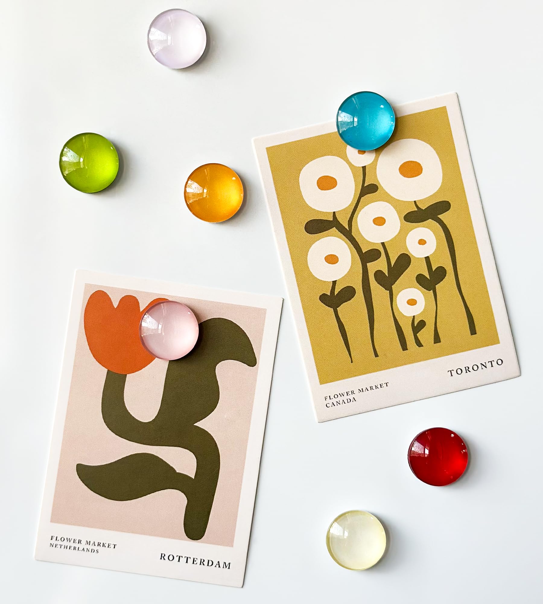 Colorful magnets decorative and functional on a kitchen surface