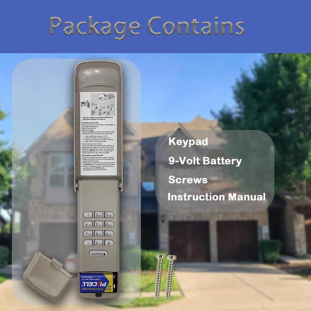 Battery powered wireless garage door keypad with included battery
