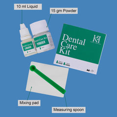 Contents include 15 gm powder 10 ml liquid mixing pad spatula leaflet