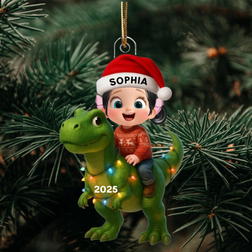Custom girl riding dinosaur Christmas ornament keepsake