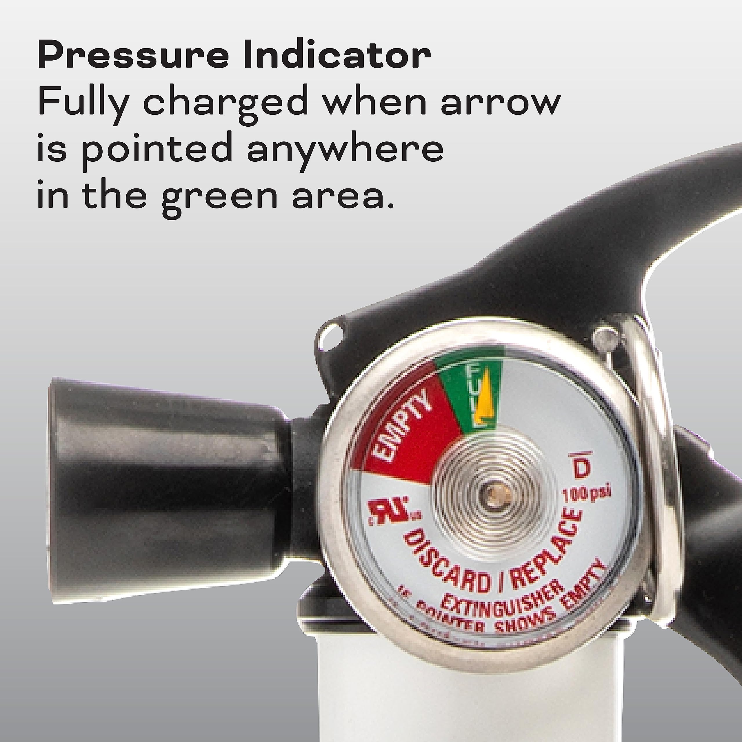 Pressure gauge on red extinguisher