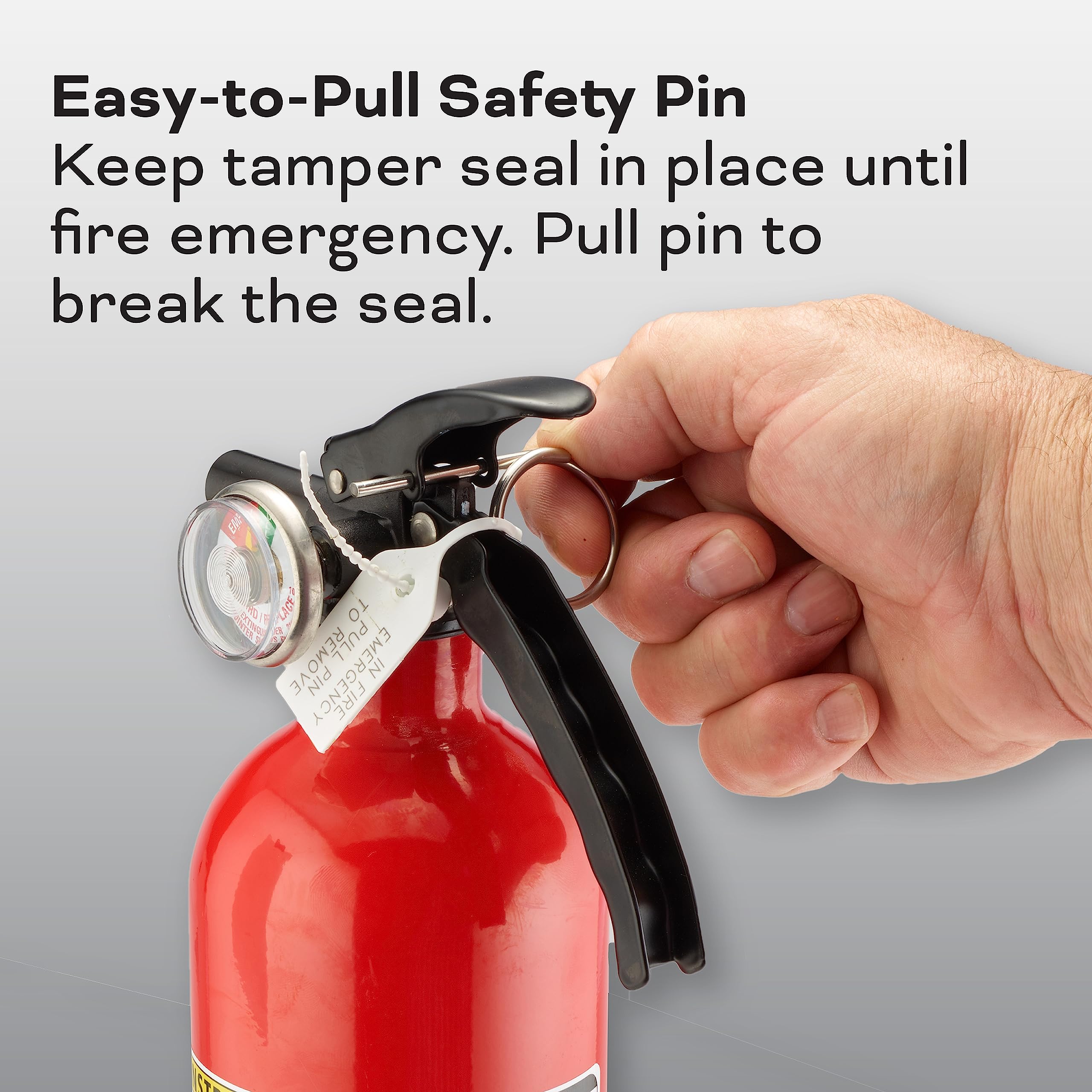 Easy to pull safety pin on extinguisher