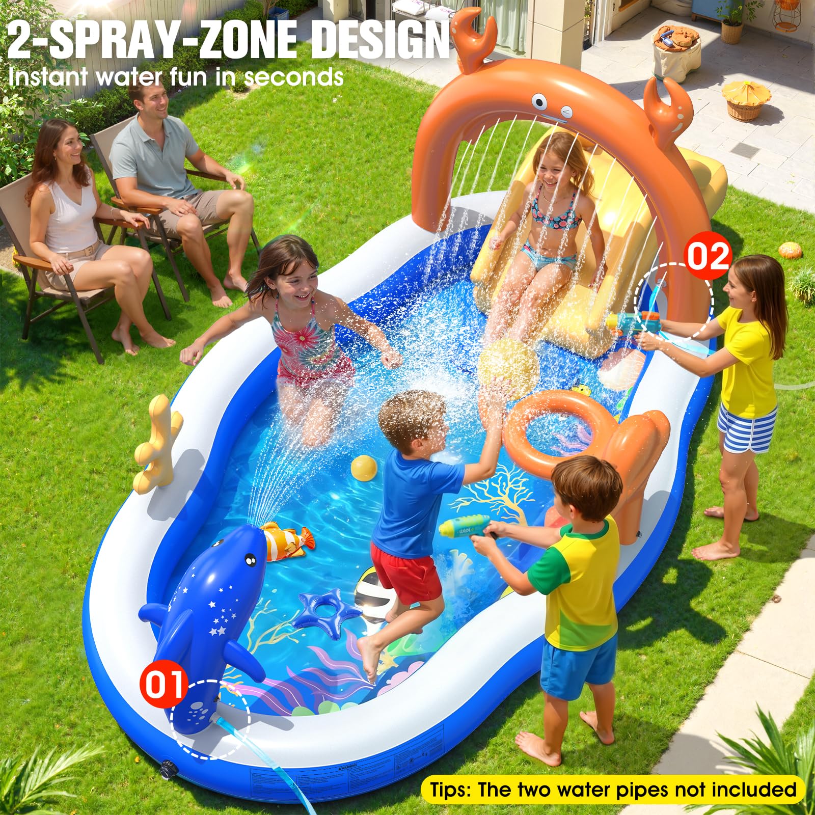Kiddie pool with water slide sprinkler in outdoor setting