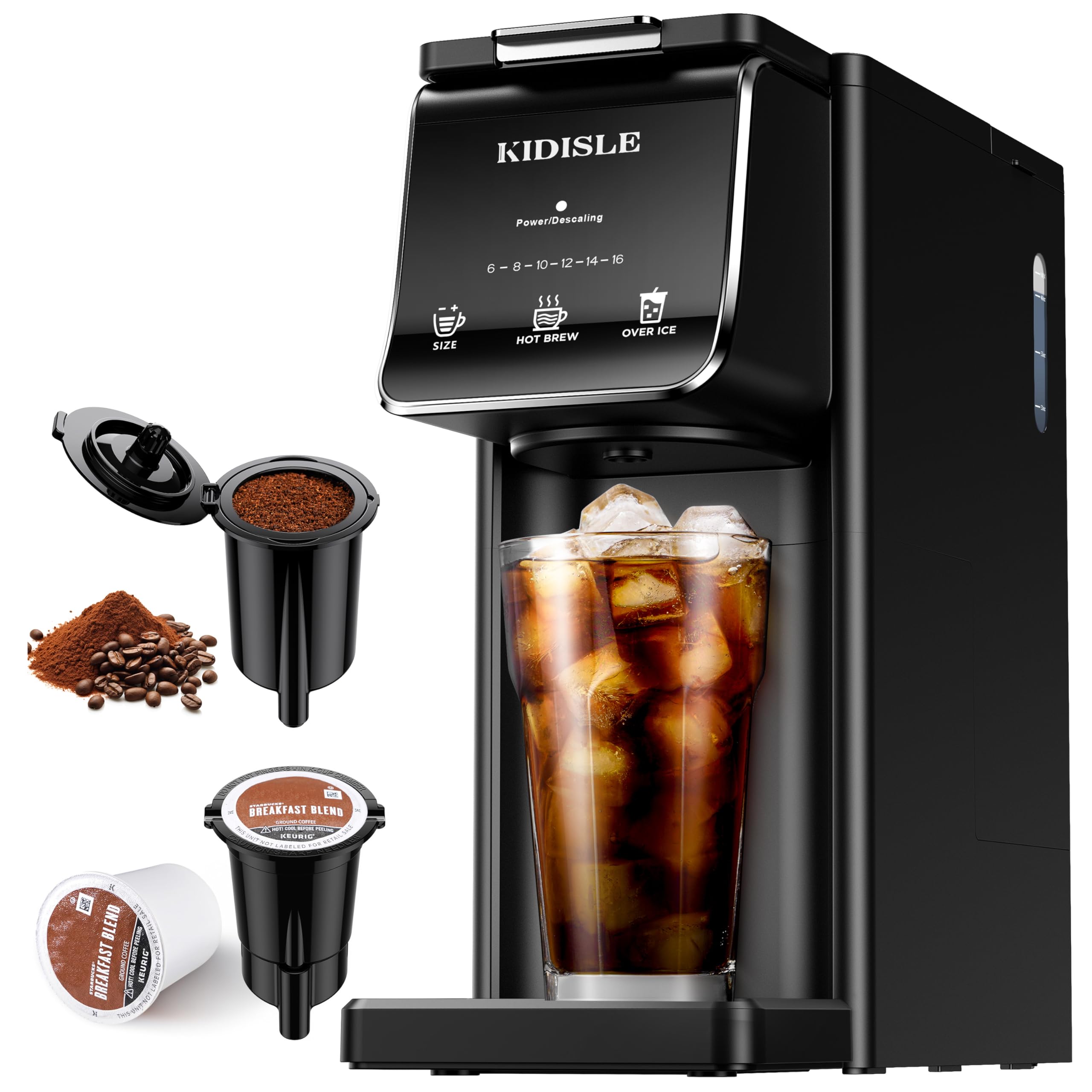 KIDISLE hot and iced single serve coffee maker with K Cup and grounds compatibility