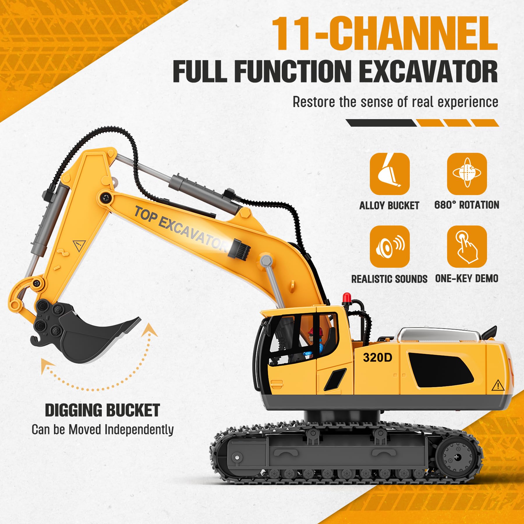 11-channel RC excavator featuring dual batteries