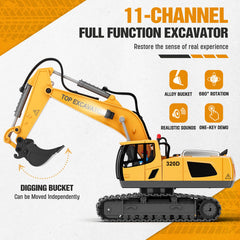 11-channel RC excavator featuring dual batteries