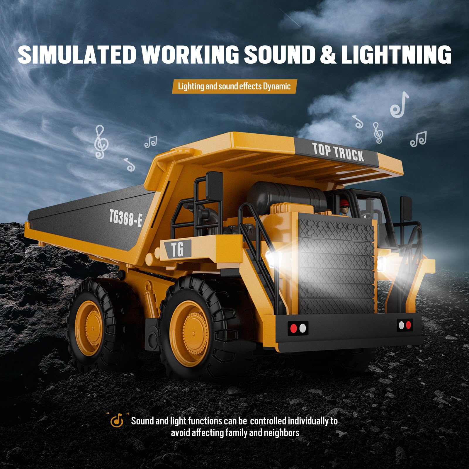 LED lights and lifelike sounds on RC truck in action