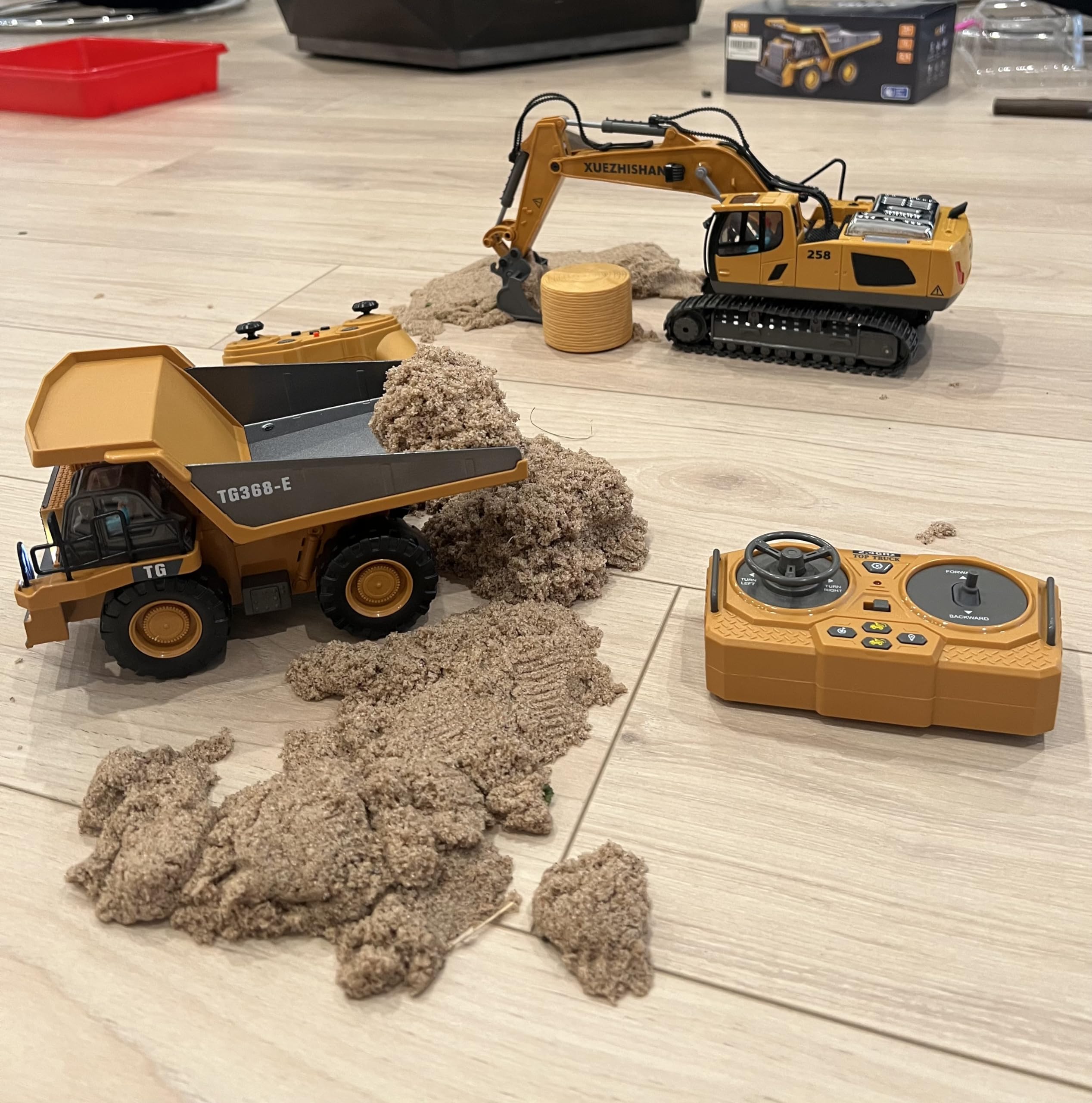 KIDMARKT RC Bulldozer packaging box shown with accessories