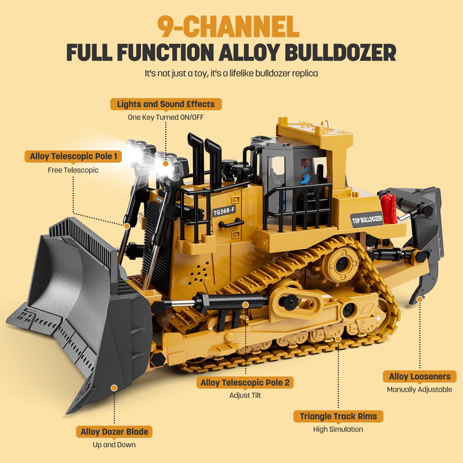 KIDMARKT RC Bulldozer Toy 9-channel remote in action with lights